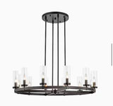 12-Light Brushed Gold Or Black Industrial Wheel Shaped Chandelier