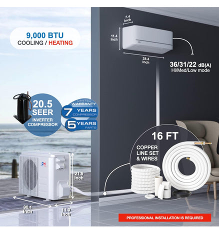 Cooper & Hunter MIA Series, Mini Split Air Conditioner and Heater, 9,000 BTU, 115V, 21.5 SEER2, Wall Mount Ductless Inverter System, With Installation kit