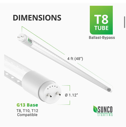 Brand Sunco Lighting Light Type LED Special Feature Instant On, Ballast Bypass, Single Ended Power (SEP), G13 Base, T8/T10/T12 Compatible Wattage 18 watts Bulb Shape Size T8